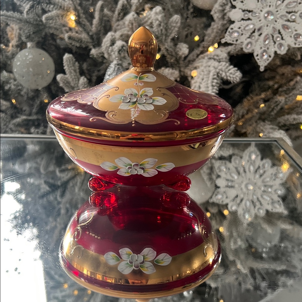 Vintage Bohemian glass covered candy dish